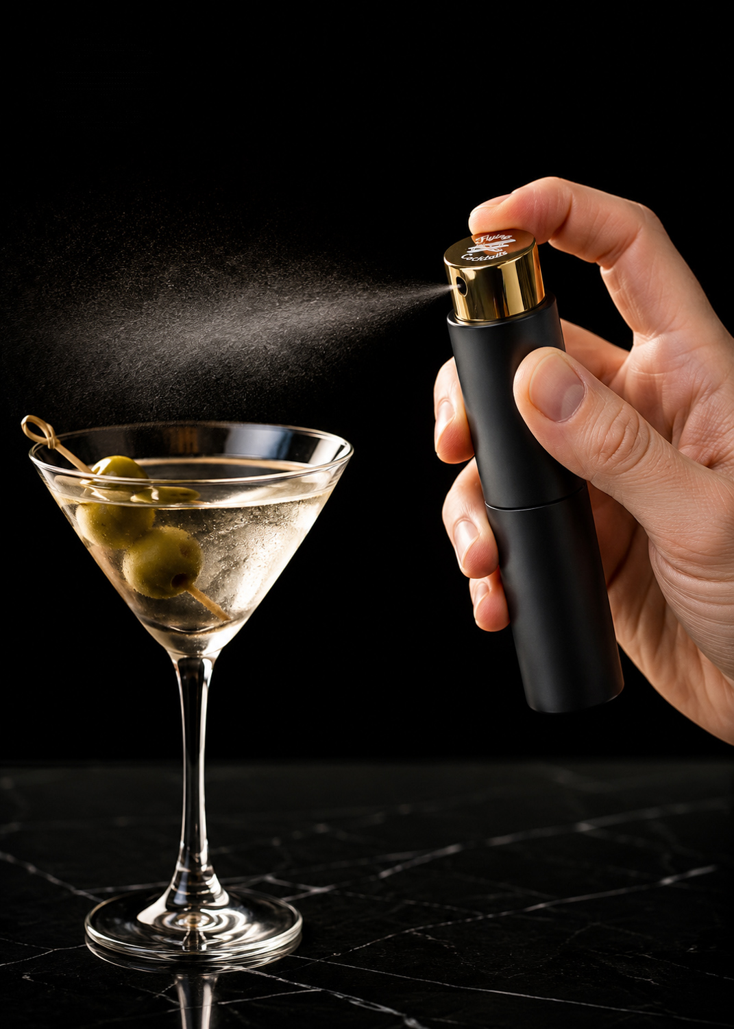 Flying Cocktails sprayer in use — golden pour over a glass